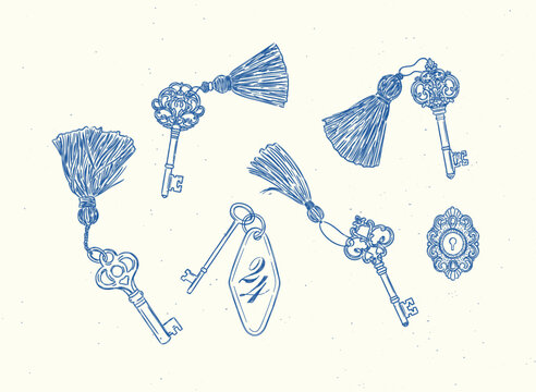Keys with fringe collection drawing in retro style with blue on light background