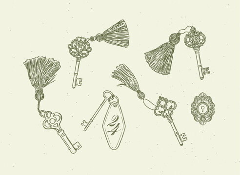 Keys with fringe collection drawing in retro style with green on light background