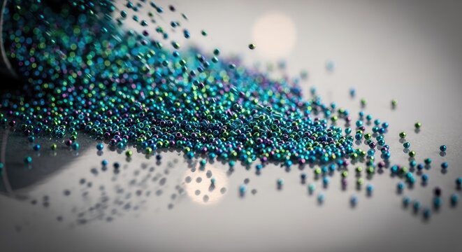 Blue beads spilling from a container on a white surface.