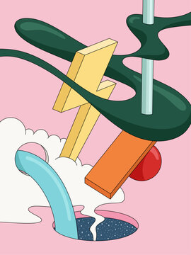 Vector Illustration of Abstract Colorful Geometric Shapes, Spheres, Galaxy Hole and Clouds Arranged Forming a Conceptual Surreal Composition on Pink Background