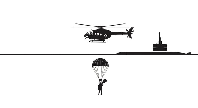 Helicopter drops paratrooper near submarine in illustration of covert operation