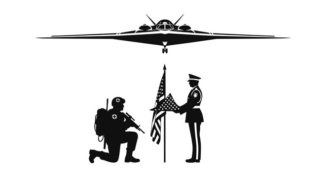 Military Honor Guard Folds Flag Under Stealth Bomber Silhouette, Soldier Kneels
