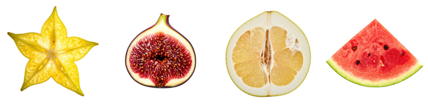 Fresh starfruit fig pomelo and watermelon slices arranged in  row side by side