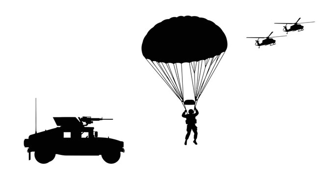Military Paratrooper Jumps From Helicopter with Armored Vehicle and Aircraft