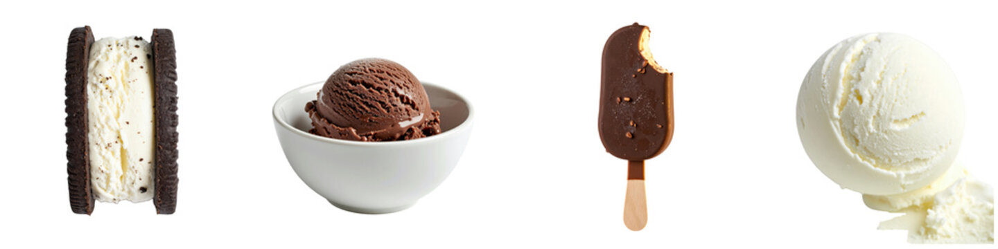 Assorted frozen dairy desserts including ice cream sandwiches scoops and chocolate bars