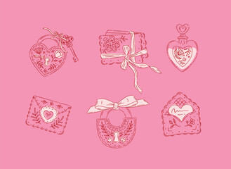 Love floral elements heart shape, lock, envelope perfume drawing in romantic style with red on pink background © anna42f
