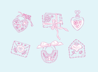 Love floral elements heart shape, lock, envelope perfume drawing in romantic style with pink on blue background © anna42f