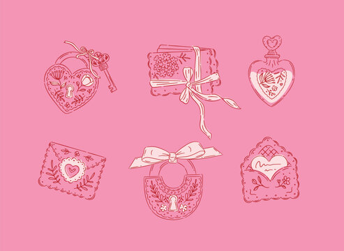 Love floral elements heart shape, lock, envelope perfume drawing in romantic style with red on pink background