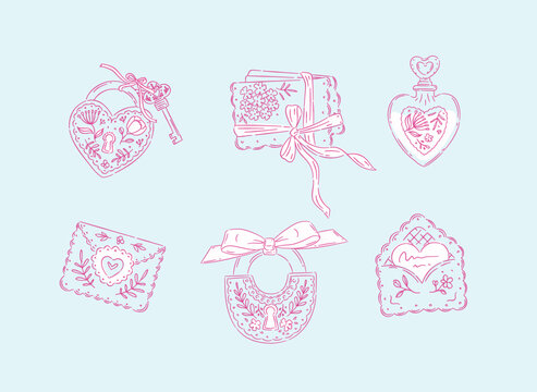Love floral elements heart shape, lock, envelope perfume drawing in romantic style with pink on blue background