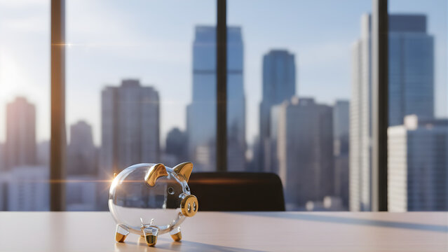 Glass piggy bank with gold details on office desk against cityscape