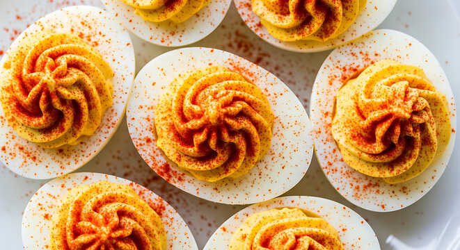 Deviled eggs are garnished with a swirl of seasoned yolk and a light dusting of paprika on a white plate.