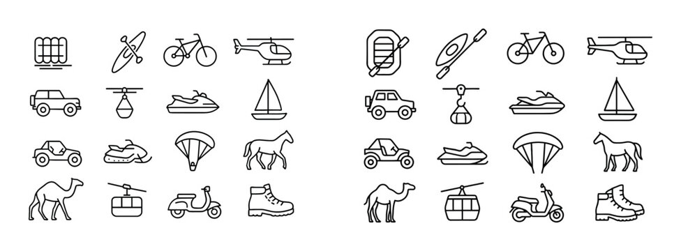 Outdoor transport icons showing recreation and travel