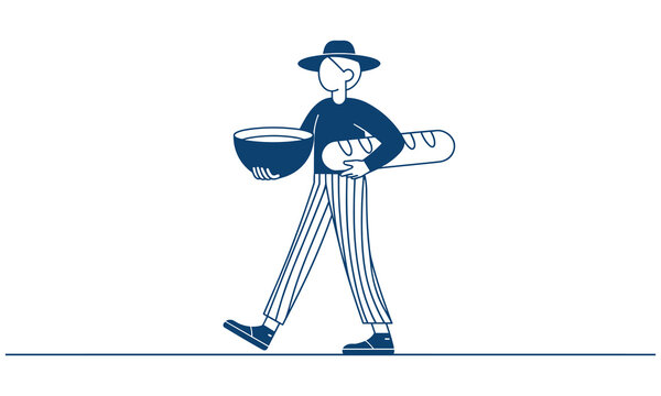 Man carrying a bowl and a loaf of bread walking in a simple vector illustration style