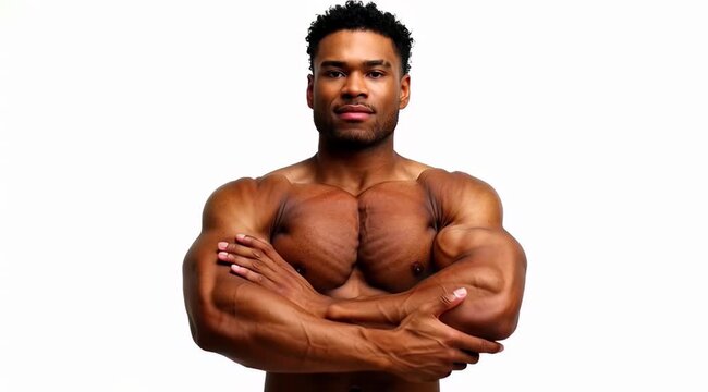 Muscular African American male bodybuilder posing confidently against white background.