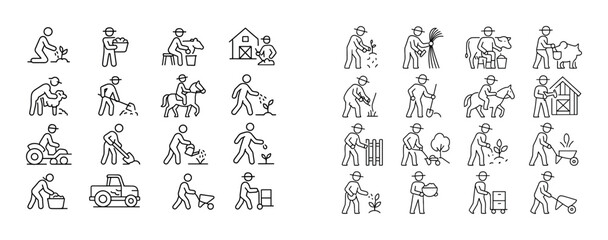 Obraz premium Farming activity icons showing labor and livestock scenes
