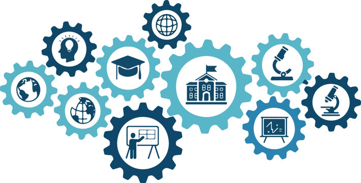 Education and school concept vector illustration featuring interconnected gears with academic icons for learning science and global knowledge development,