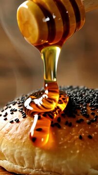 Cinematic Slow Motion: Pouring Honey on Traditional Yemeni Bint Al-Sahn Bread with Nigella Seeds