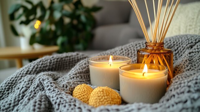 Cozy scene with lit candles, reed diffuser, and knitted items on a soft blanket