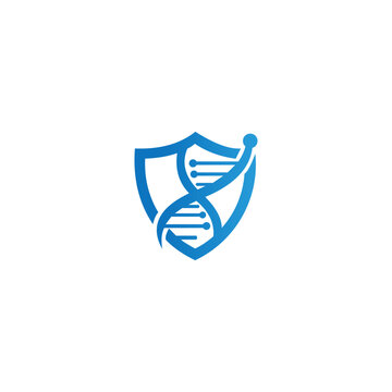 A blue shield with a DNA helix and a leaf design on a white background.
