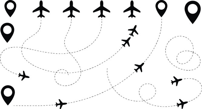 Airplane flight path set with dotted lines airplane silhouettes and map pointer icons vector illustration isolated on white background,