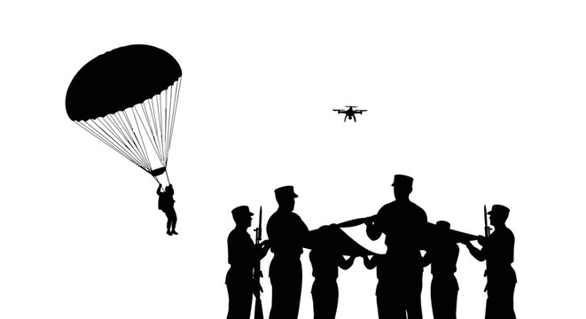 Paratrooper Jumps, Soldiers Carry Flag, Drone Flies Overhead - Military Operation