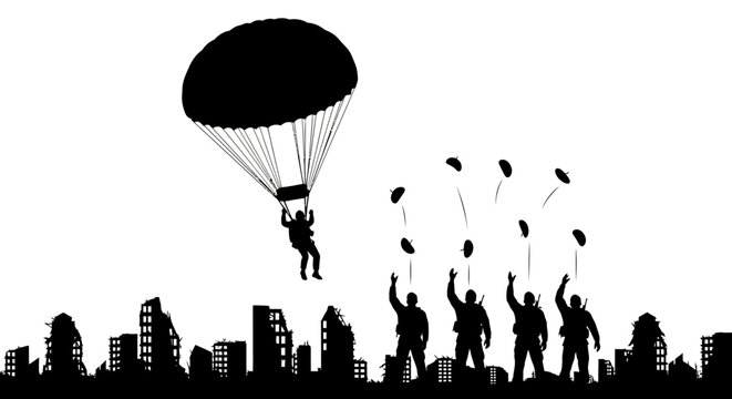 Paratroopers Descend on Ruined Cityscape Silhouette