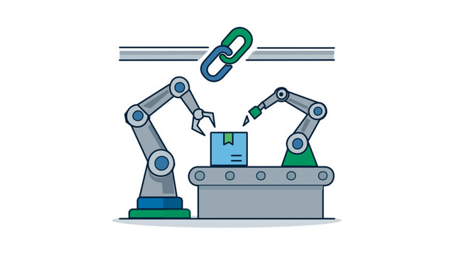 Global supply chain and industrial automation vector icon illustration featuring robotic arms on a conveyor belt with a link symbol, representing logistics, manufacturing, and smart factory tech.
