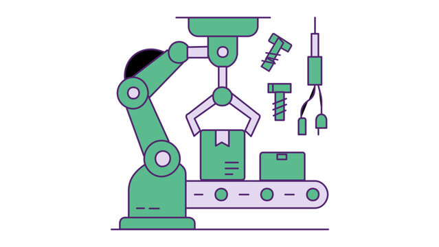 Automated robotic arm on a conveyor belt handling packages in a smart factory, vector icon illustration for supply chain management, logistics, manufacturing, and industrial automation technology.