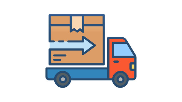 Colorful flat vector icon illustration of a delivery truck transporting a large cardboard package with a motion arrow, symbolizing logistics, supply chain, shipping, and express freight services.
