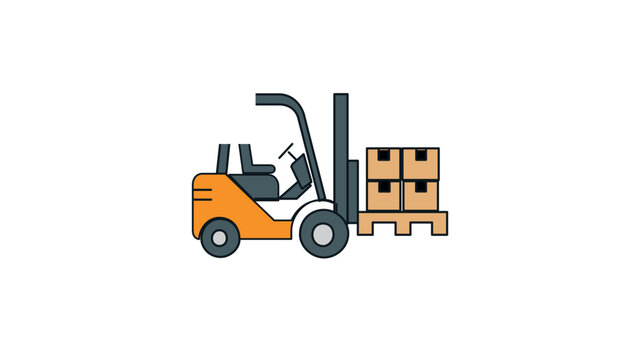 Flat vector illustration of an orange forklift truck carrying a wooden pallet with cardboard boxes, representing warehouse logistics, inventory control, supply chain management, and shipping.