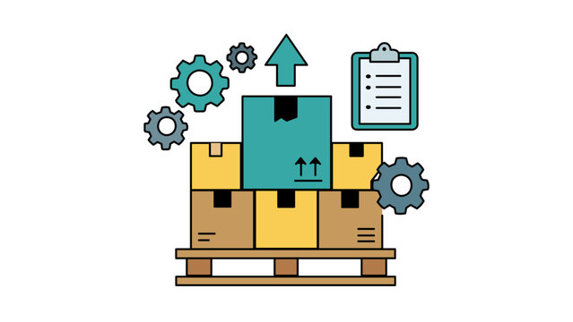 Supply chain optimization vector icon illustration featuring cardboard boxes on a pallet with gears and a clipboard representing logistics management, warehouse efficiency, and distribution growth.