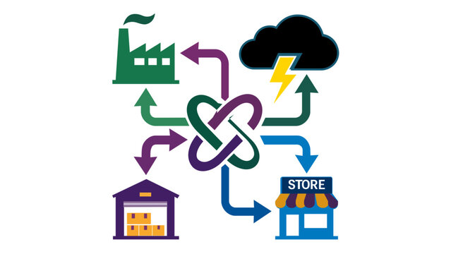 Supply chain integration vector illustration featuring a central hub connected to a factory, warehouse, retail store, and storm cloud representing risk management and logistics network flow.