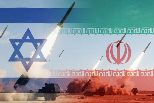 Geopolitical struggle: a military conflict unfolding between Israel and Iran. Missiles near flags.