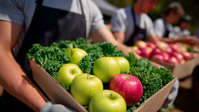 Close-up of hands placing fresh apples and leafy greens into boxes, volunteers blurred in the background organizing groceries, sunlight illuminating vibrant colors, visualizing com