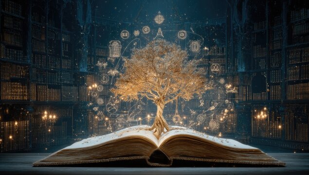 Open ancient book with golden tree, mystical library setting