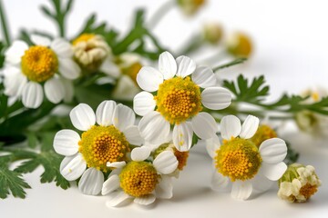 Obraz premium A close-up view of a bouquet of white daisies with yellow centers and green leaves on a plain surface