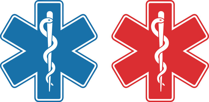 Blue and red Star of Life medical emergency symbols with Rod of Asclepius vector illustration isolated on white