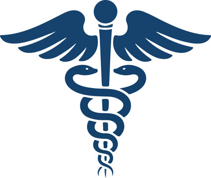 Blue Caduceus medical symbol with wings and two snakes vector illustration isolated on white background for healthcare and pharmacy,