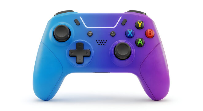 A blue and purple gradient video game controller with black buttons on a white background
