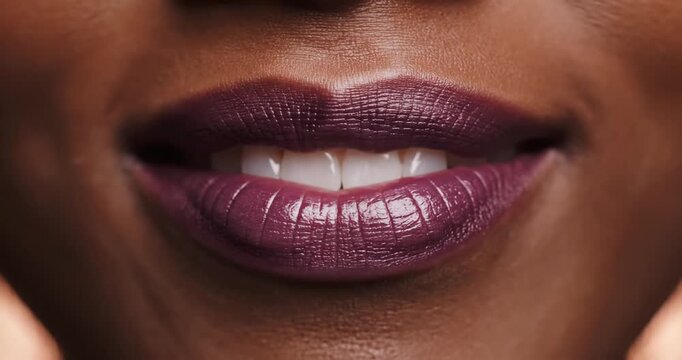 Close-up of a woman's lips showcasing deep purple lipstick with a soft focus background