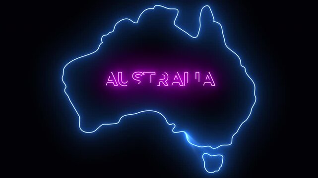 Neon outline map of Australia glowing in blue with vibrant pink text, futuristic digital style on dark background with luminous light effects and modern animated visual