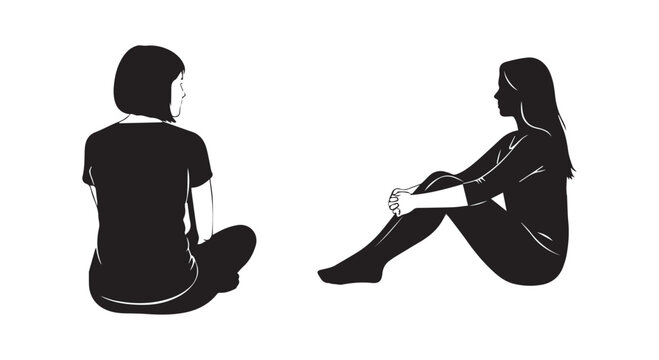 Young women sitting on floor vector illustration showing back view and side profile of female characters in casual clothing.