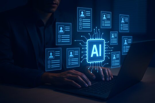 Man in a dark room working on a laptop with ai and user data graphics floating above the keyboard.