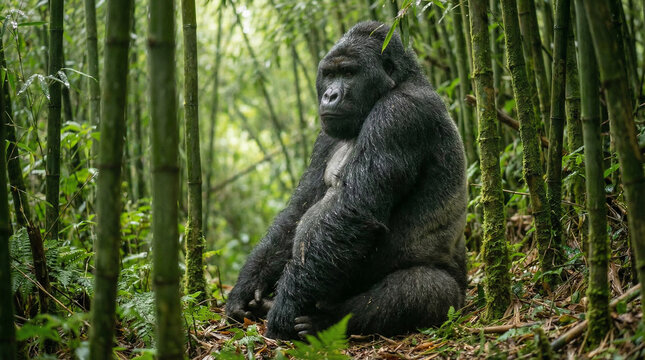 Silverback Gorilla Resting Peacefully in Bamboo Grove Forest Habitat