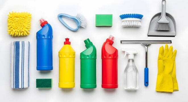 Colorful assortment of essential household cleaning products and tools arranged for a spotless home