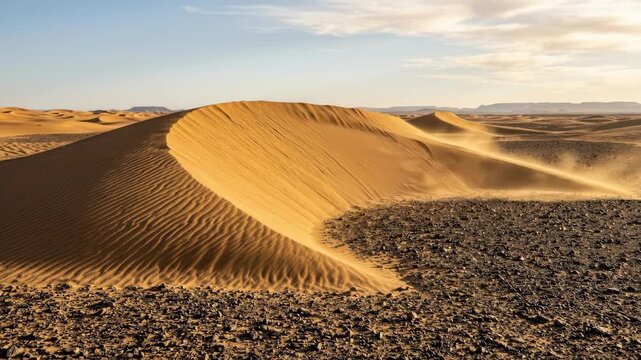 A kinetic sand dune field photographed in time-lapse aesthetic as a single frozen frame shows a crescent barchan dune mid-migration, its slip face a perfect concave slope