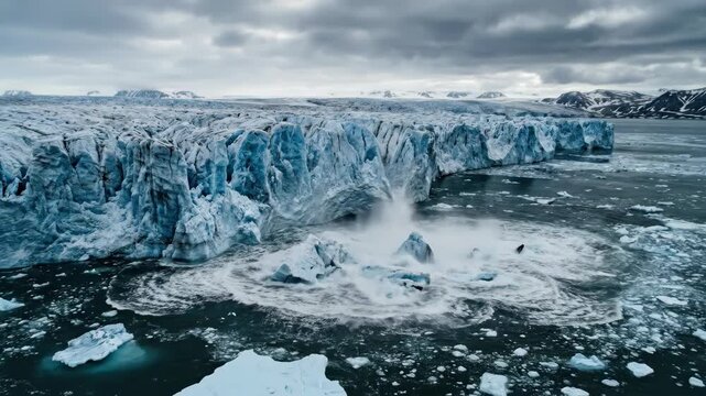 A massive glacier calving event captured mid-collapse, enormous ice walls of electric blue and white fracturing into the dark Arctic ocean, explosive spray frozen in