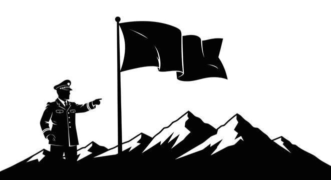 Leader points to flag on mountain peak, symbolizing ambition, success, and leadership