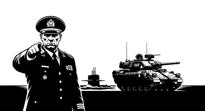 Military Commander Points Finger, Submarine and Tank in Background, Recruitment Concept