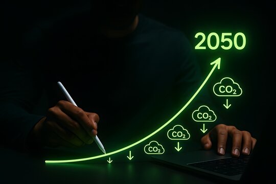 Person working on a laptop with a glowing green graph showing co2 emissions reduction by 2050